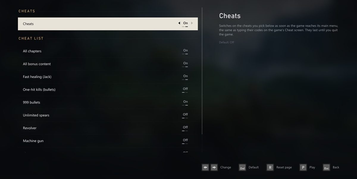 The Cheats page: the game's ten cheats as switches