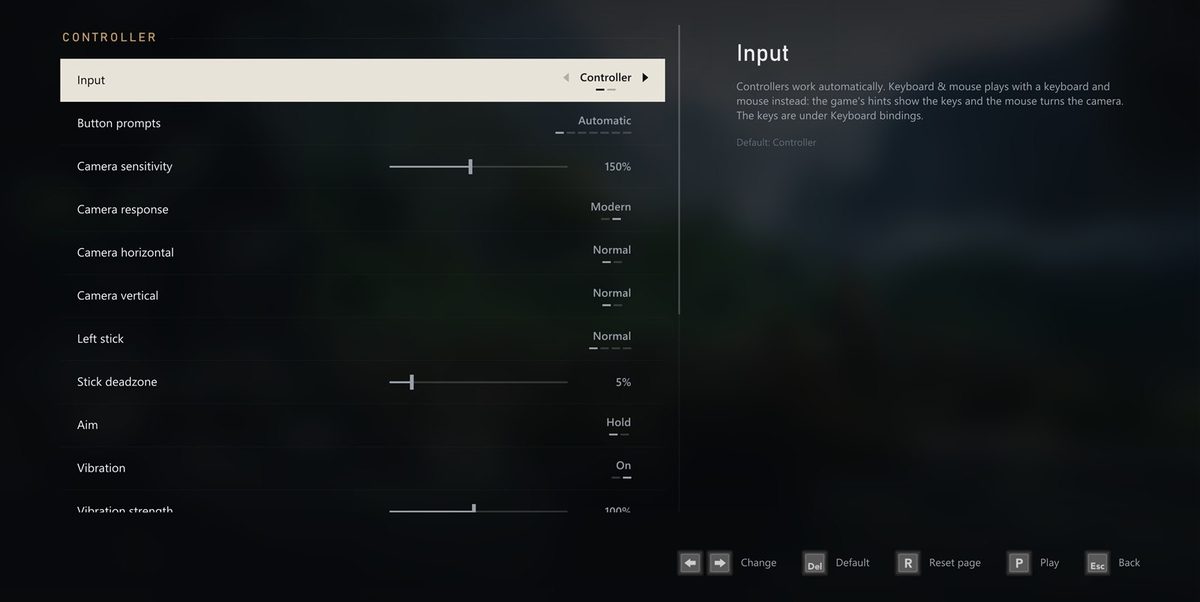 The Controls page: camera inversion, sensitivity, mouse look, deadzone, vibration and button prompts