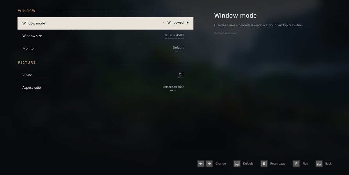 The Display page: window mode, window size, monitor, VSync and aspect ratio