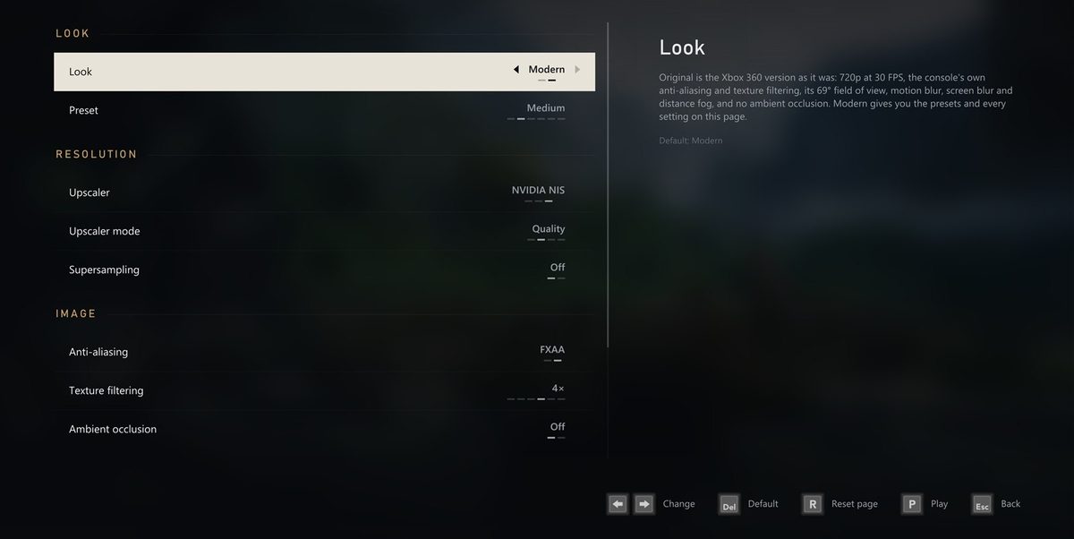 The Graphics page: Look set to Modern, the Medium preset, NVIDIA NIS at Quality, FXAA and 4x texture filtering