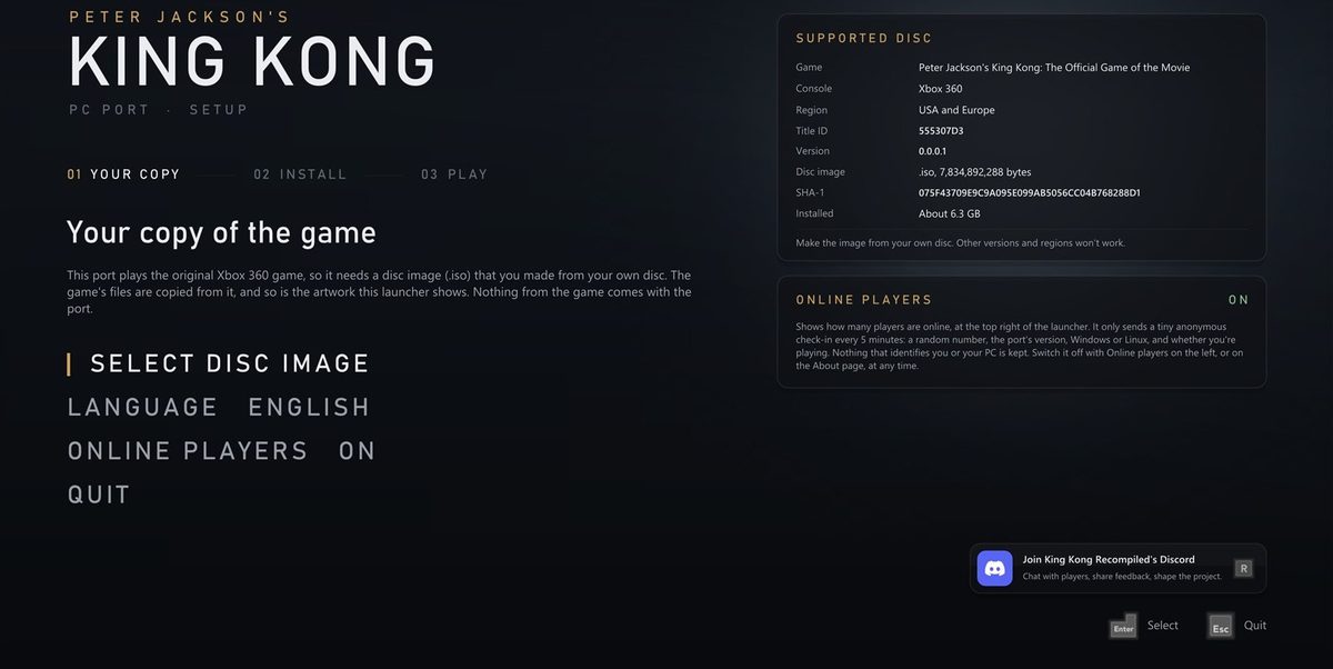 The launcher's setup screen: your copy of the game, the supported disc and the online players card