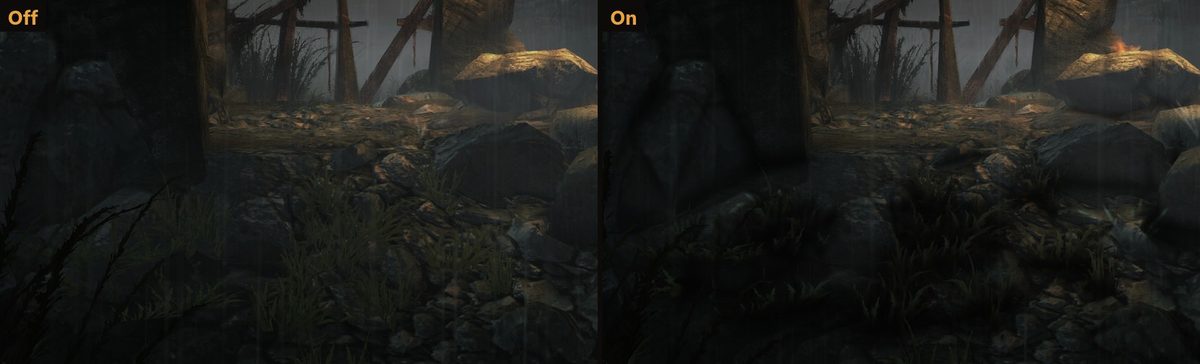Close-up of the rocks and grass with ambient occlusion off and on