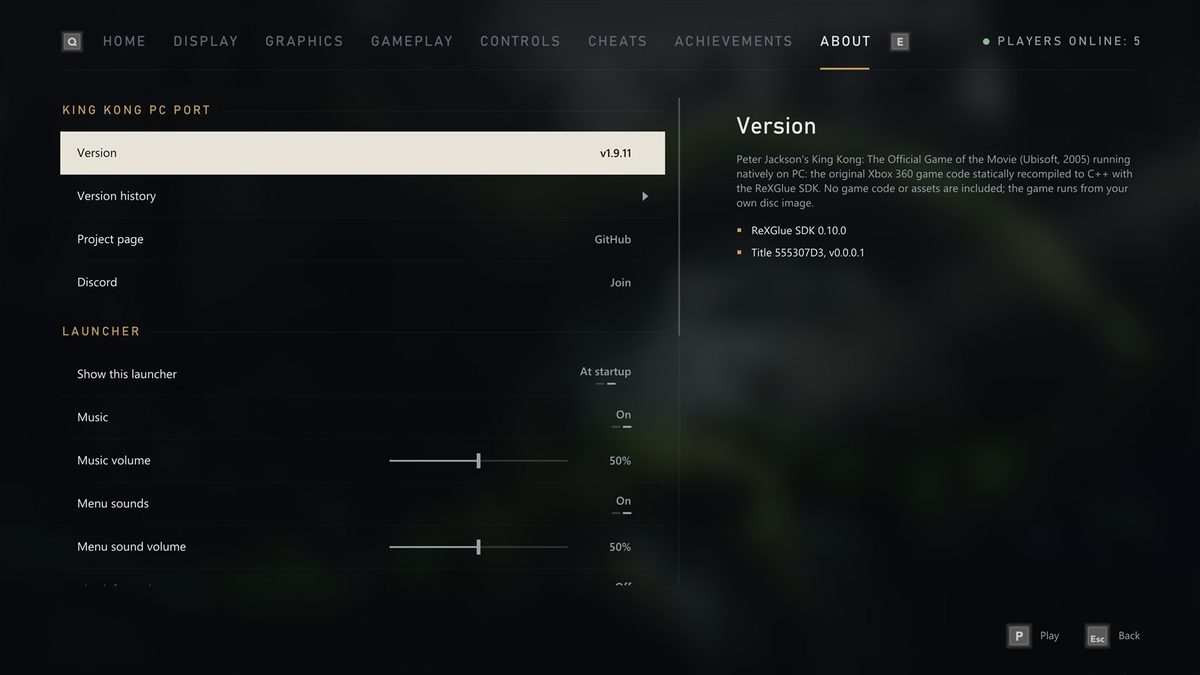 The About page: version, version history, Discord and the launcher's sounds