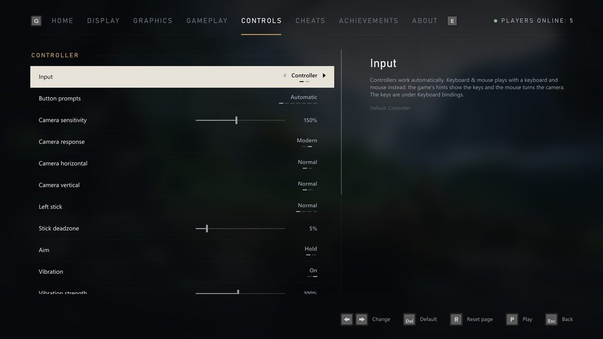 The Controls page