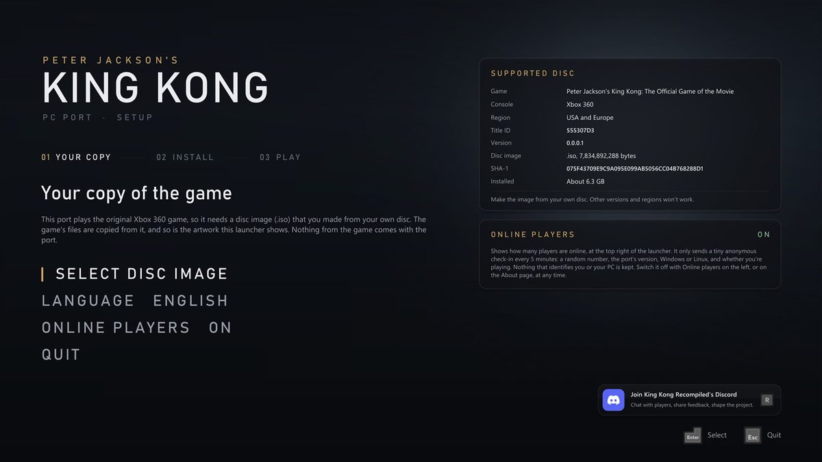 The setup screen, asking for your copy of the game