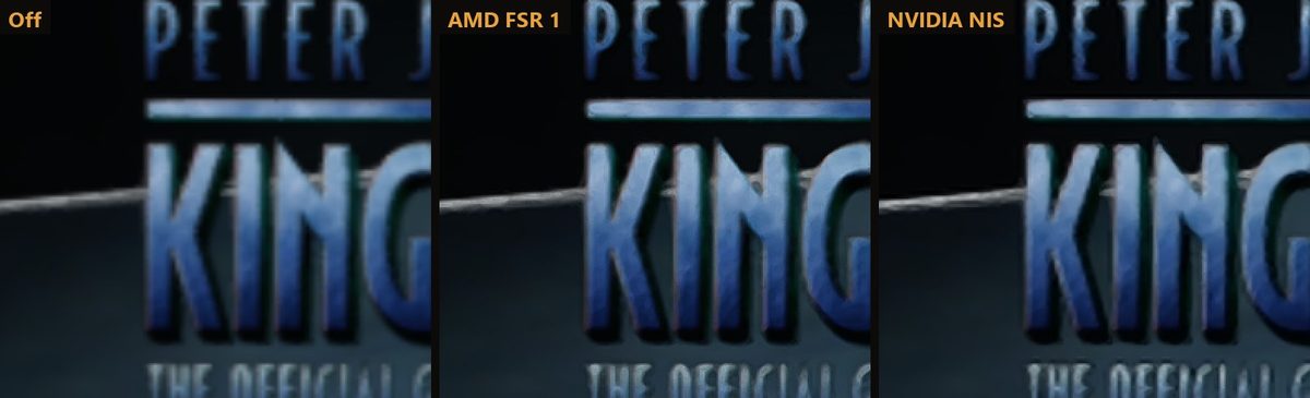 The title screen logo with no upscaler, AMD FSR 1 and NVIDIA NIS